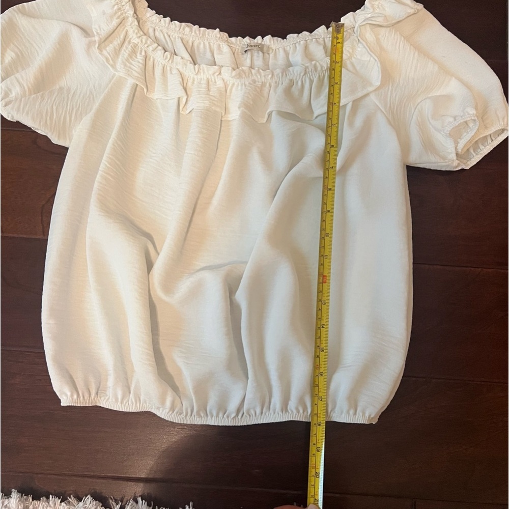 JODIFL White Off Shoulder Ruffle Blouse S | Boho Peasant Top Elastic Hem - Picture 6 of 6